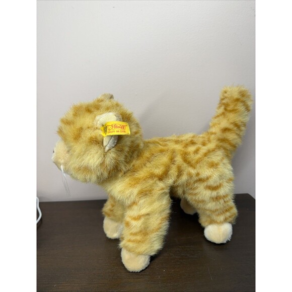 Steiff Standing Kitty Cat Orange Fur Eyes Brass Button Yellow Fabric Tag 099571 - Picture 1 of 16